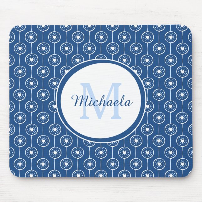 Stylish Blue and White Hearts Monogram With Name Mouse Pad (Front)
