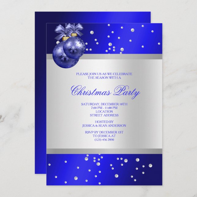 Stylish Blue Baubles & Pearls Christmas Invitation (Front/Back)