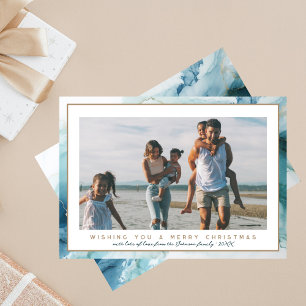 Stylish Blue&Beige Marble Photo Christmas Holiday Card