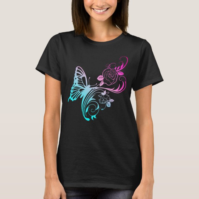 Stylish Blue Butterfly and Pink Flowers T-Shirt (Front)