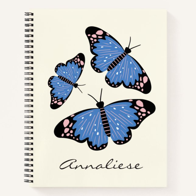 Stylish Blue Butterfly Illustration Custom Name Notebook (Front)