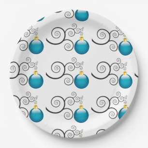 Stylish Blue Christmas Ornament Pattern Paper Plate