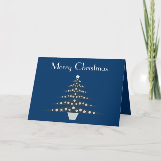Stylish Blue Christmas Tree Greeting Card (Front)