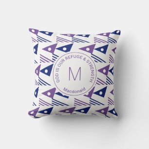 Stylish Blue Custom Geometric Triangles Monogram Cushion