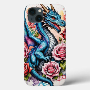 Stylish Blue Dragon Phone Case with Vibrant Rose