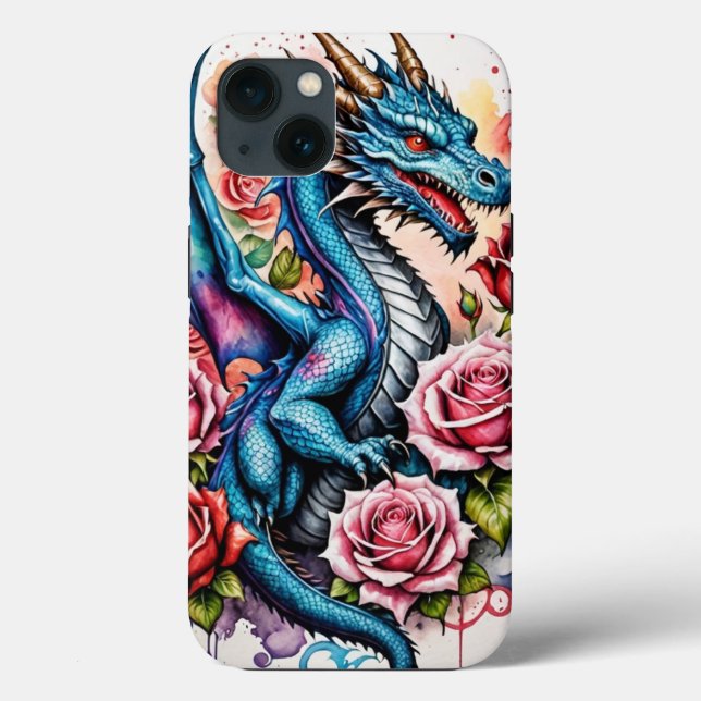 Stylish Blue Dragon Phone Case with Vibrant Rose (Back)