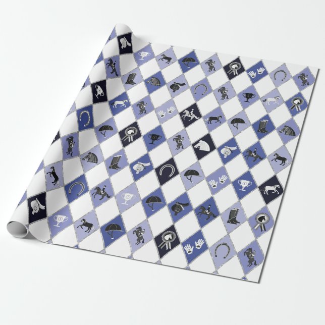 Stylish Blue Equestrian Diamond Pattern Wrapping Paper (Unrolled)
