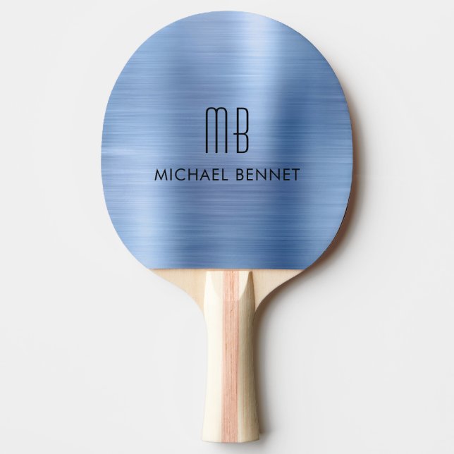 Stylish Blue Faux Brushed Metallic Monogram Name Ping Pong Paddle (Front)