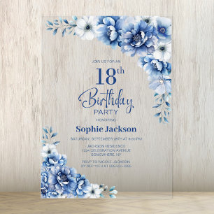 Stylish Blue Floral 18th Birthday Party Acrylic Invitations
