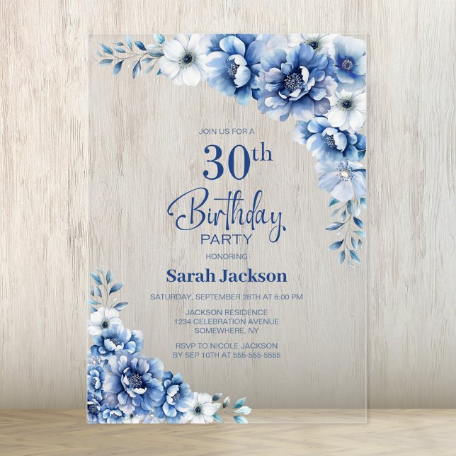 Stylish Blue Floral 30th Birthday Party Acrylic Invitations (Creator Uploaded)