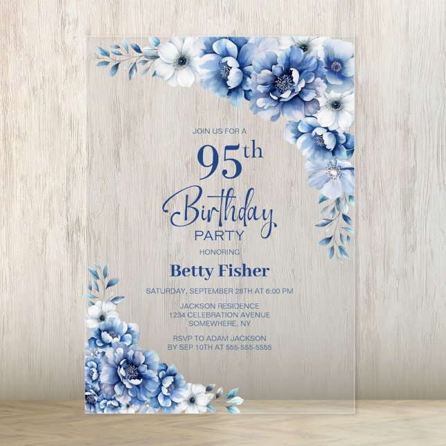 Stylish Blue Floral 95th Birthday Party Acrylic Invitations (Creator Uploaded)