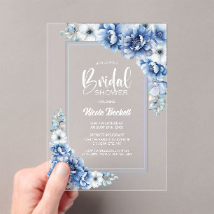 Stylish Blue Floral Bridal Shower Acrylic Invitations
