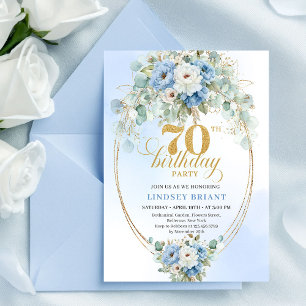 Stylish Blue Floral Eucalyptus 70th Birthday Invit Invitation