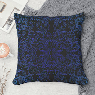 Stylish blue floral pattern on black cushion