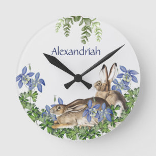 Stylish Blue Floral Rabbit Watercolor Cute Bunny  Round Clock