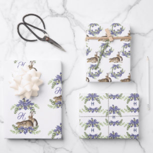 Stylish Blue Floral Rabbit Watercolor Cute Bunny Wrapping Paper Sheet