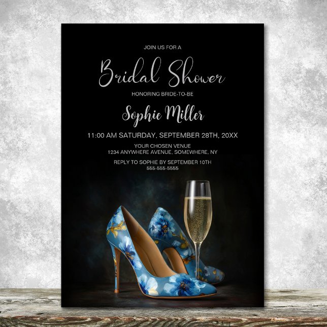 Stylish Blue Floral Stiletto Shoes Bridal Shower Invitation (Creator Uploaded)