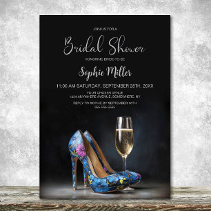Stylish Blue Floral Stiletto Shoes Bridal Shower Invitation