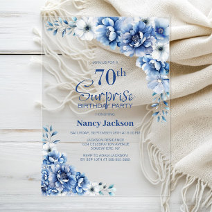 Stylish Blue Floral Surprise 70th Birthday Party Acrylic Invitations