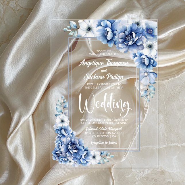 Stylish Blue Floral Wedding Acrylic Invitations (Creator Uploaded)