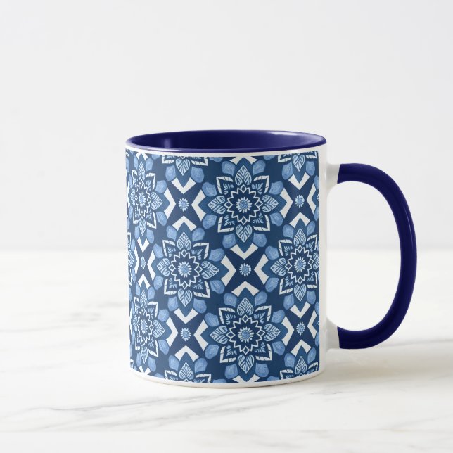 Stylish Blue Geometric Floral Pattern Mug (Right)