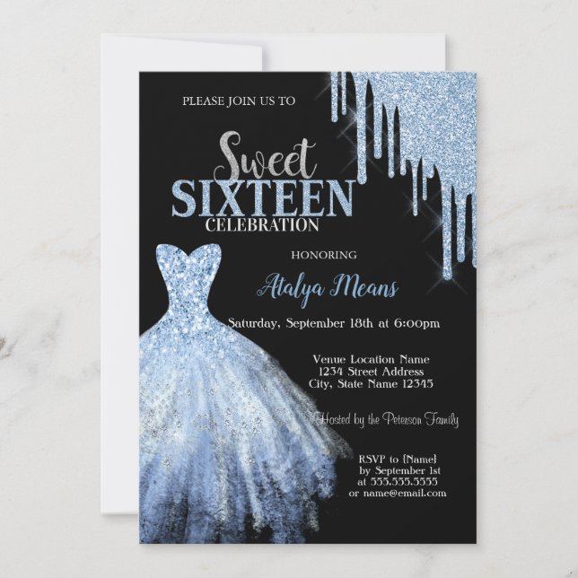 Stylish Blue Glitter Drips Blue Dress Black Invitation (Front)