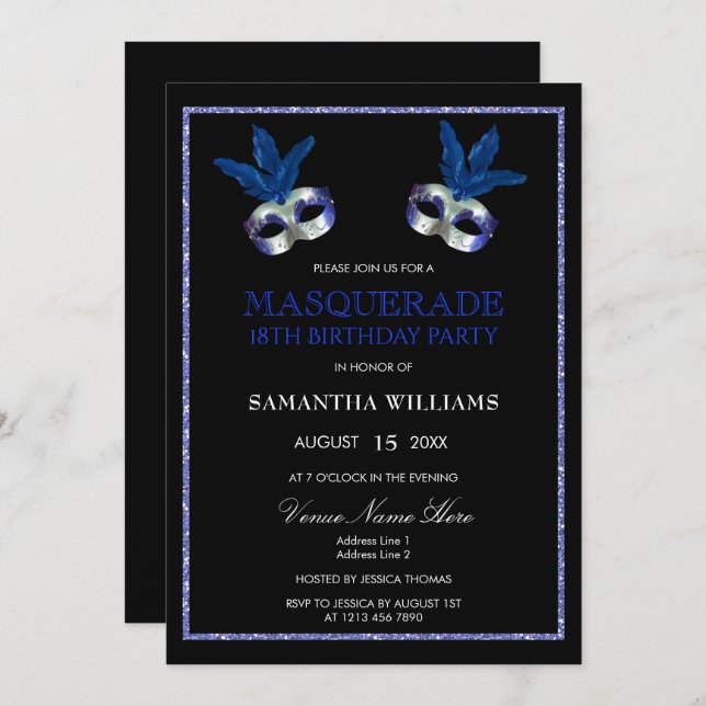 Stylish Blue Glitter Masquerade 18th Birthday Invitation (Front/Back)