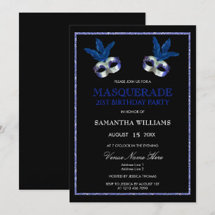 Stylish Blue Glitter Masquerade 21st Birthday Invitation
