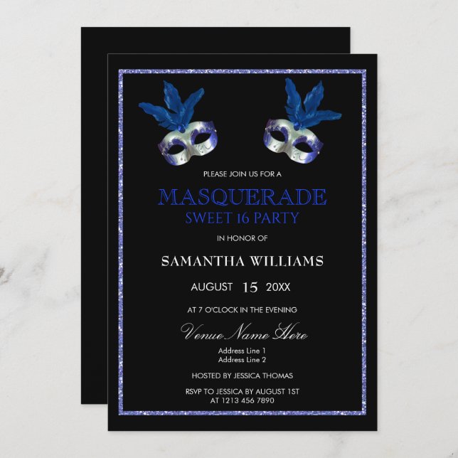 Stylish Blue Glitter Masquerade Sweet 16 Invitation (Front/Back)