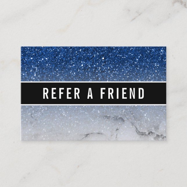 Stylish Blue glitter Salon Nails Referral Customer Business Card (Front)