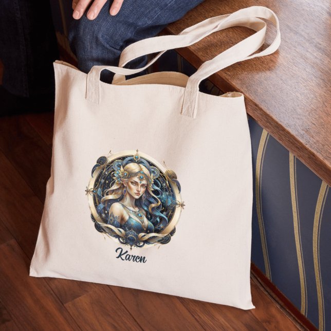 Stylish Blue Gold Celestial Maiden Star Sign Virgo Tote Bag (Creator Uploaded)