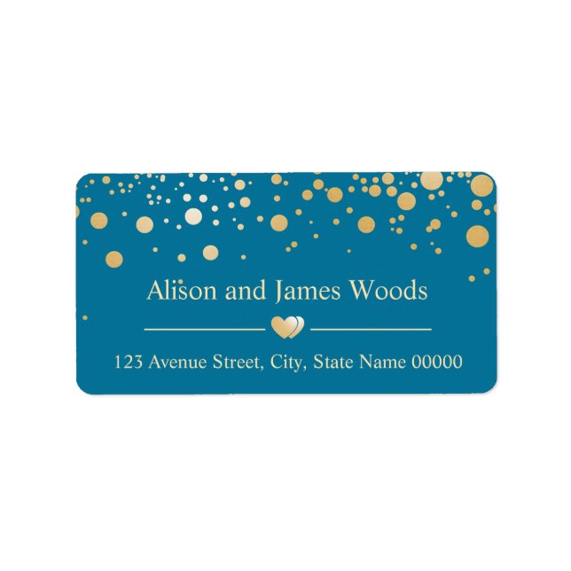 Stylish Blue Gold Confetti Dots Wedding Love Heart Label (Front)