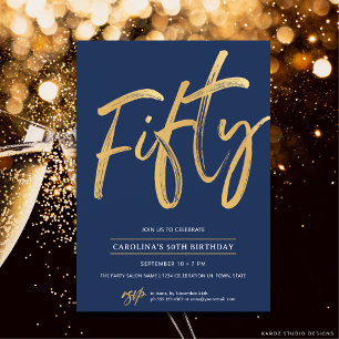 Stylish Blue Gold Fifty 50th Birthday Invitation