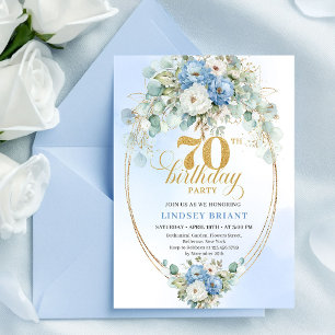 Stylish Blue Gold Floral 70th Birthday Invitation