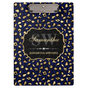 Stylish Blue & Gold Foil Leopard Spots Monogram Clipboard