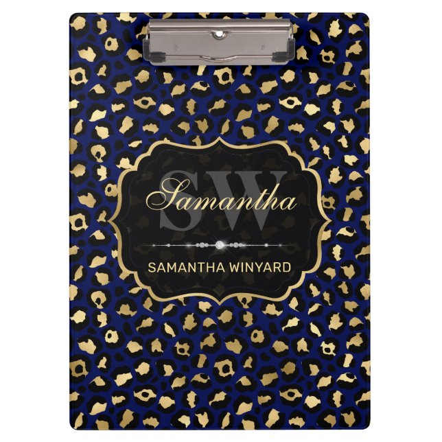Stylish Blue & Gold Foil Leopard Spots Monogram Clipboard (Front)
