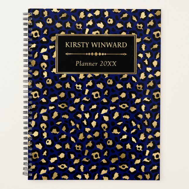 Stylish Blue & Gold Foil Leopard Spots Monogram Planner (Front)