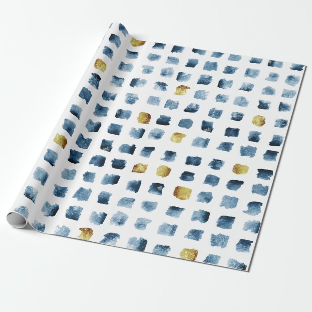 Stylish Blue Gold Watercolor Brush Squares Pattern Wrapping Paper (Unrolled)