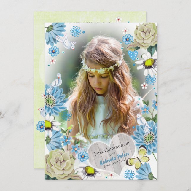 Stylish Blue & green First Holy Communion Floral Invitation (Front/Back)