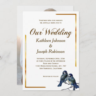 Stylish Blue Grey Birds on a Branch Wedding Invitation
