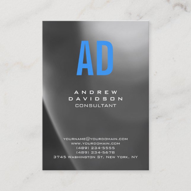 Stylish Blue Grey Pattern Monogram Business Card (Front)