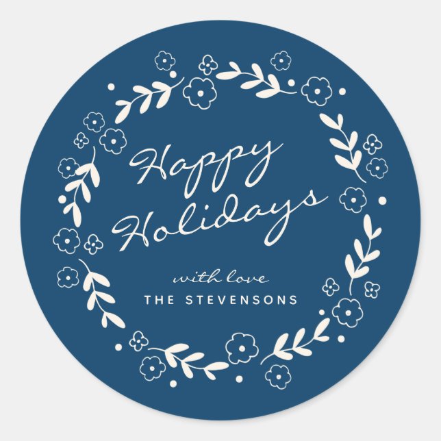 Stylish Blue Happy Holidays Floral Simple Custom Classic Round Sticker (Front)
