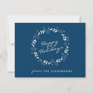 Stylish Blue Happy Holidays Floral Simple Custom Holiday Card