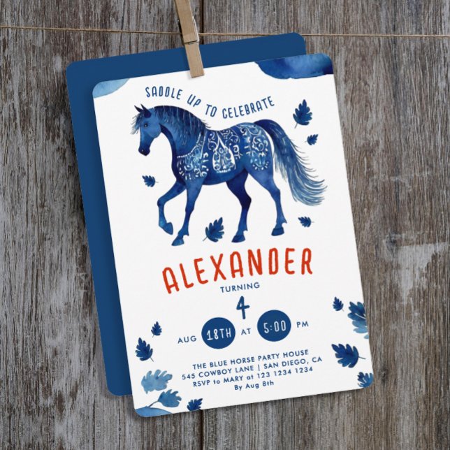 Stylish Blue Horse Derby Pony Cowboy Watercolor Invitation (Creator Uploaded)