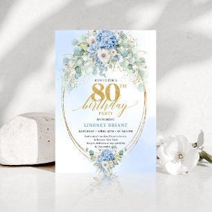 Stylish Blue Hydrangea Gold Accent 80th Birthday Invitation