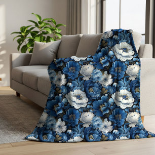 Stylish Blue Ivory Floral Plush Cosy Fleece Sherpa Blanket