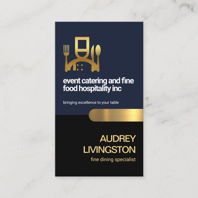 Stylish Blue Layers Gold Stripe Fine Dining Business Card (Front)