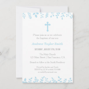 Stylish Blue Leaves Cross Baptism Invitations