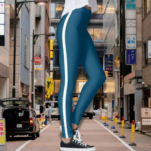 Stylish Blue Leggings with White Side Stripe