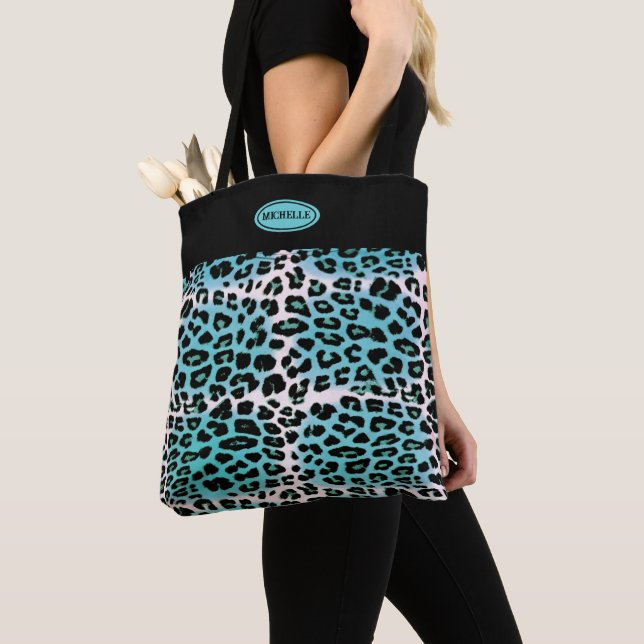 Stylish Blue Leopard Animal Print Personalised  Tote Bag (Close Up)